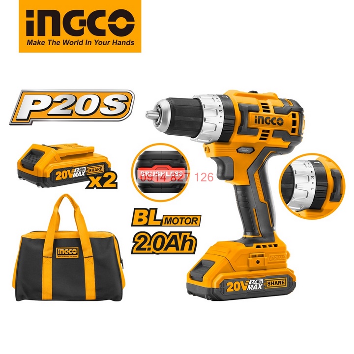Máy khoan búa không chổi than hãng INGCO pin Lithium-Ion CIDLI20608 kèm pin, bộ sạc và 3 mũi khoan bê tông