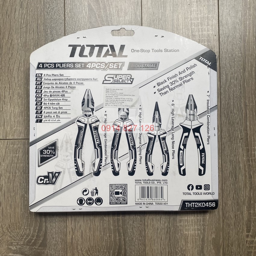 Bộ kìm điện cao cấp TOTAL 4 cây THT2K0456, 8-6-6-7 inch, thép CR-V