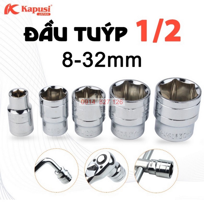 Bộ tuýp khẩu trắng ngắn KAPUSI Nhật Bản hệ 1/2 inch,14-18 cỡ từ 8-32mm, thép CR-V