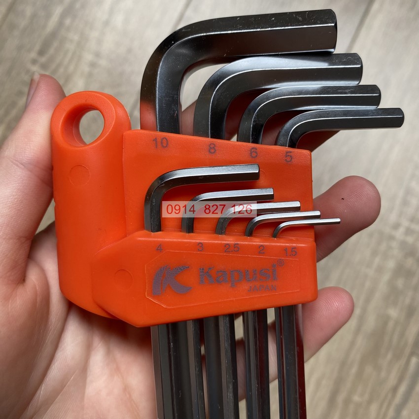 Bộ lục giác bi trắng mờ chữ L KAPUSI K-0191, 9 chi tiết từ 1.5-10mm Hợp kim thép