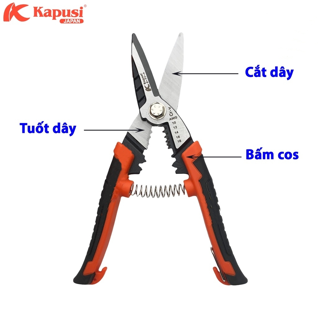 Kìm cắt dây đa năng KAPUSI Nhật Bản K-9117 215mm, 3 trong 1 cắt-tuốt dây-bấm đầu cốt