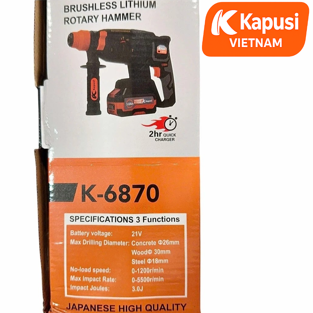 Máy Khoan Đục Bê Tông Pin 21V Kapusi K-6870 – Brushless, 3 Chức Năng, Lực Đập 3.0J, Đầu SDS, Khoan 26mm, BH 12 tháng