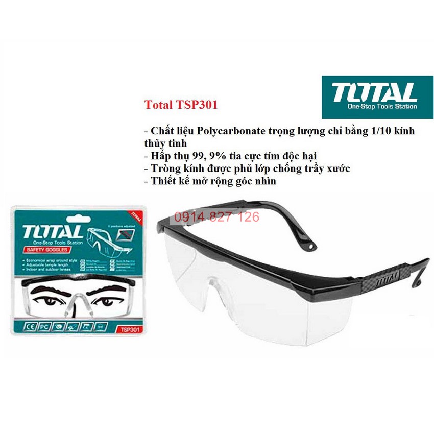 Kính bảo hộ lao động TOTAL TSP301 chống giọt bắn Chất liệu Polycarbonate, nhẹ, hấp thụ tia cực tím