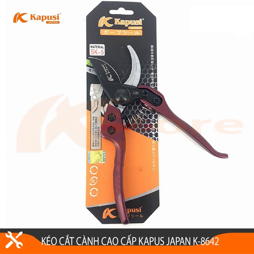 Kéo cắt cành trợ lực Nhật Kapusi K-8618 200mm, thép SK5, HRC 59