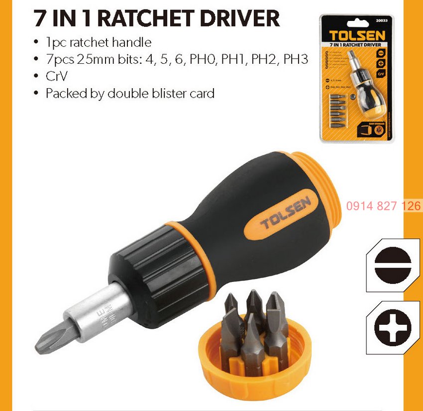Bộ tô vít lùn tự động đa năng 7 trong 1 Tolsen 20033, 7 đầu dẹp và bake, thép CR-V
