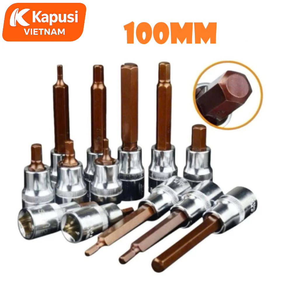 Đầu Tuýp Lục Giác 1/2 Inch Kapusi Dài 100mm (H4-H14) - Thép S2 Siêu Cứng - Chuyên Trị Bu Lông Hốc Sâu - Không Tòe Đầu