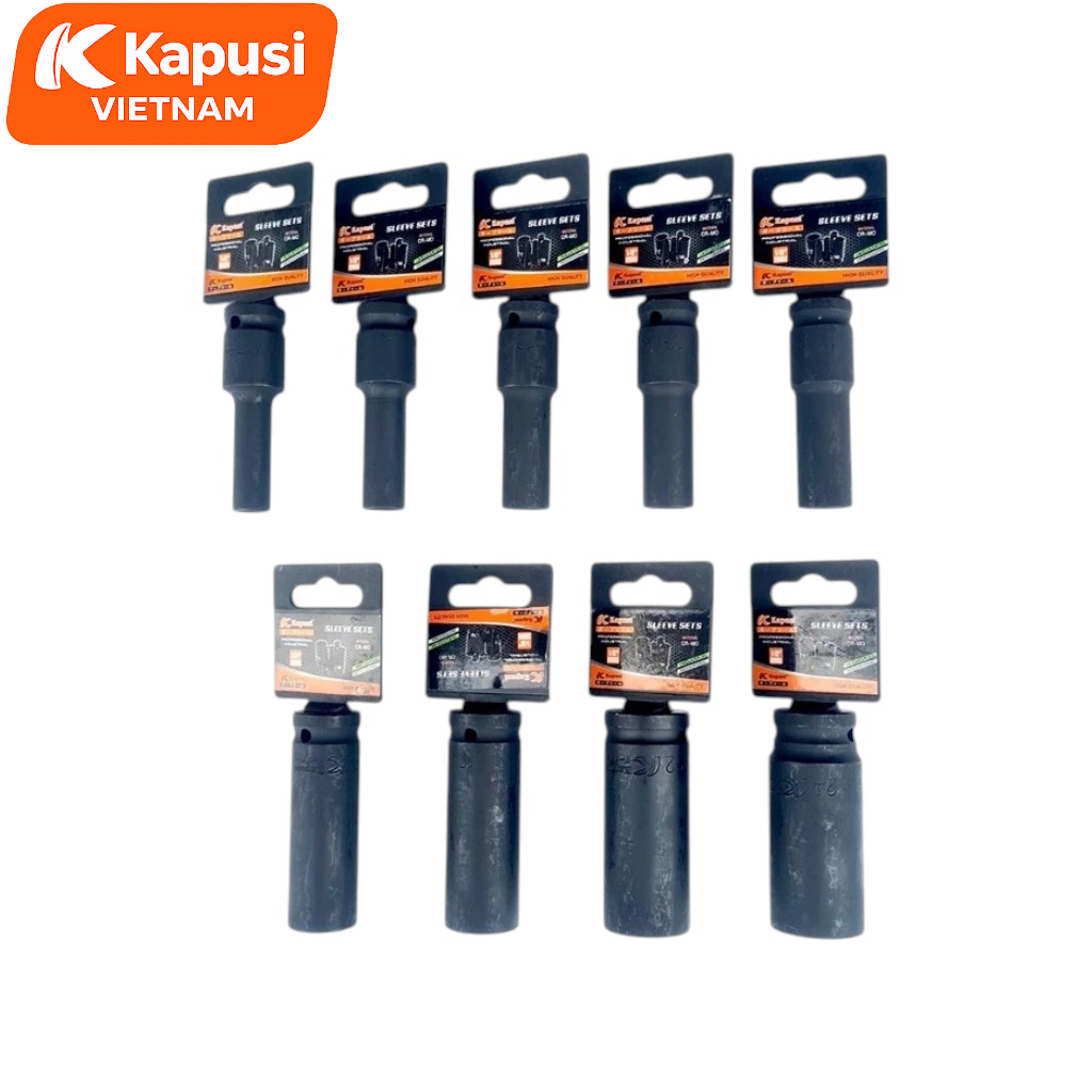 Đầu Khẩu Đen Dài Lẻ 1/2 Inch Thép Cr-Mo Kapusi - 6 Cạnh Chịu Lực Chống Biến Dạng Chuyên Dụng Cho Máy Pin Máy Hơi