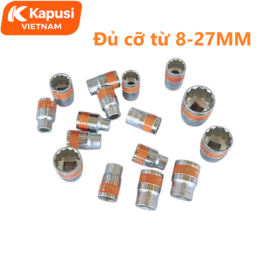 Bộ Khẩu Hoa Thị Ngắn KAPUSI Đủ Size 8-27mm - Trọn Bộ Đầu Tuýp Bông 16 Món Thép CR-V Mạ Chrome Chống Rỉ Sét