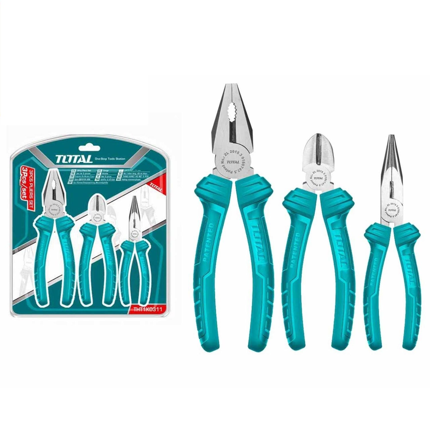 Bộ 3 kìm điện, kìm cắt và kìm mũi nhọn TOTAL THT1K0311, 7inch-6inch-6inch, thép không gỉ