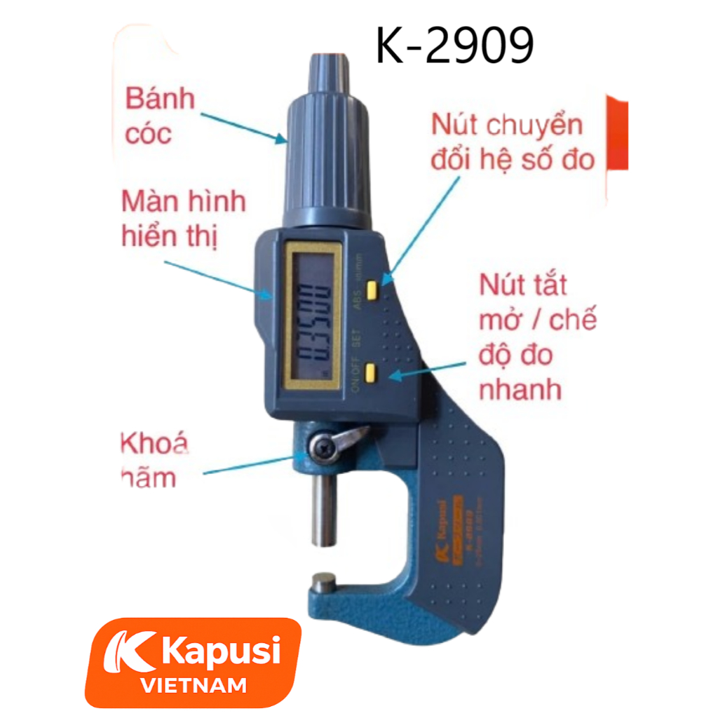 Thước Kẹp Cơ PANME Kapusi K-2908 và K-2909 ĐỘ CHIA 0.001MM, chất liệu thép cứng, trang bị màn hình LCD, Bh 12 tháng