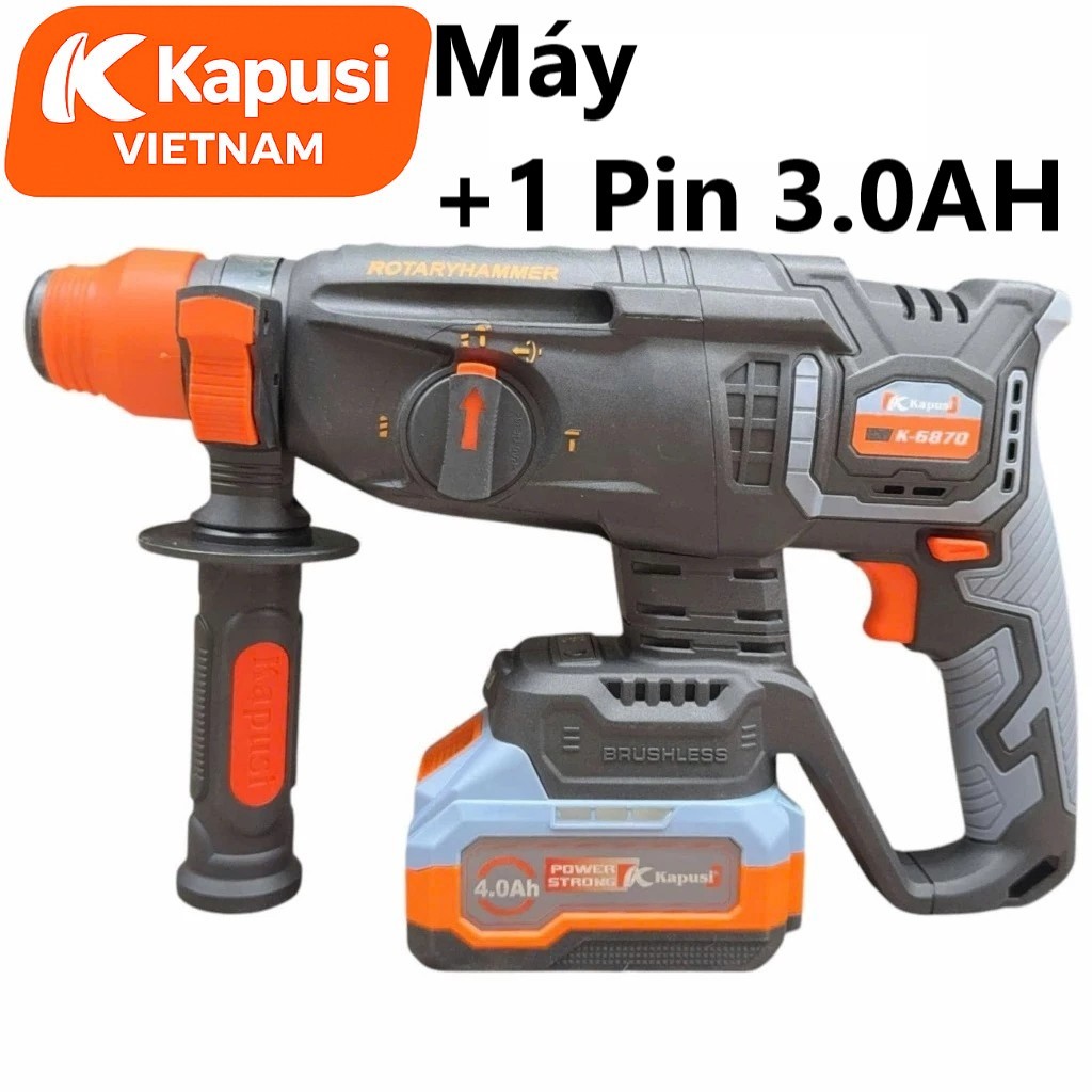 Máy Khoan Đục Bê Tông Pin 21V Kapusi K-6870 – Brushless, 3 Chức Năng, Lực Đập 3.0J, Đầu SDS, Khoan 26mm, BH 12 tháng