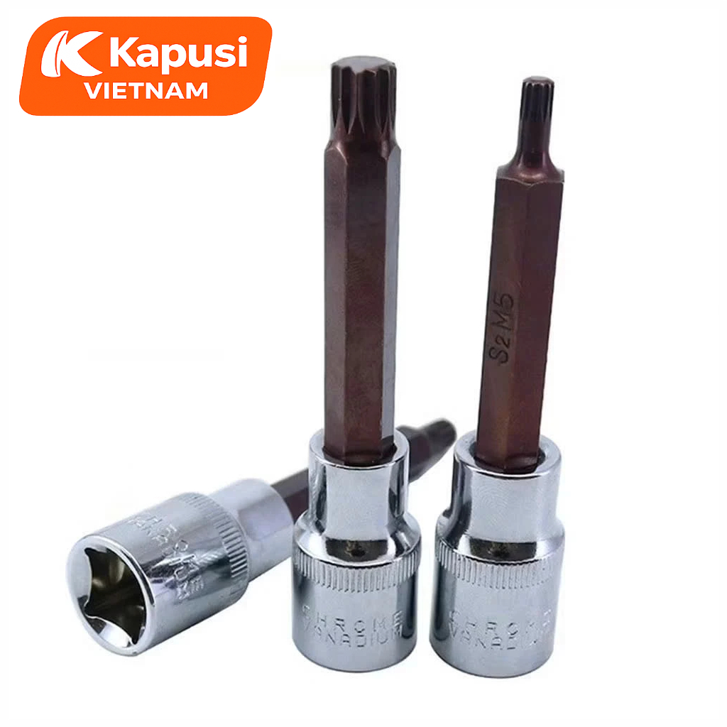 Bộ Đầu Tuýp Bông Mai 12 Cạnh Kapusi 1/2 inch Dài 100mm – 7 Món (M5–M16) – Thép CRV S2 Siêu Bền, Bh 12 tháng
