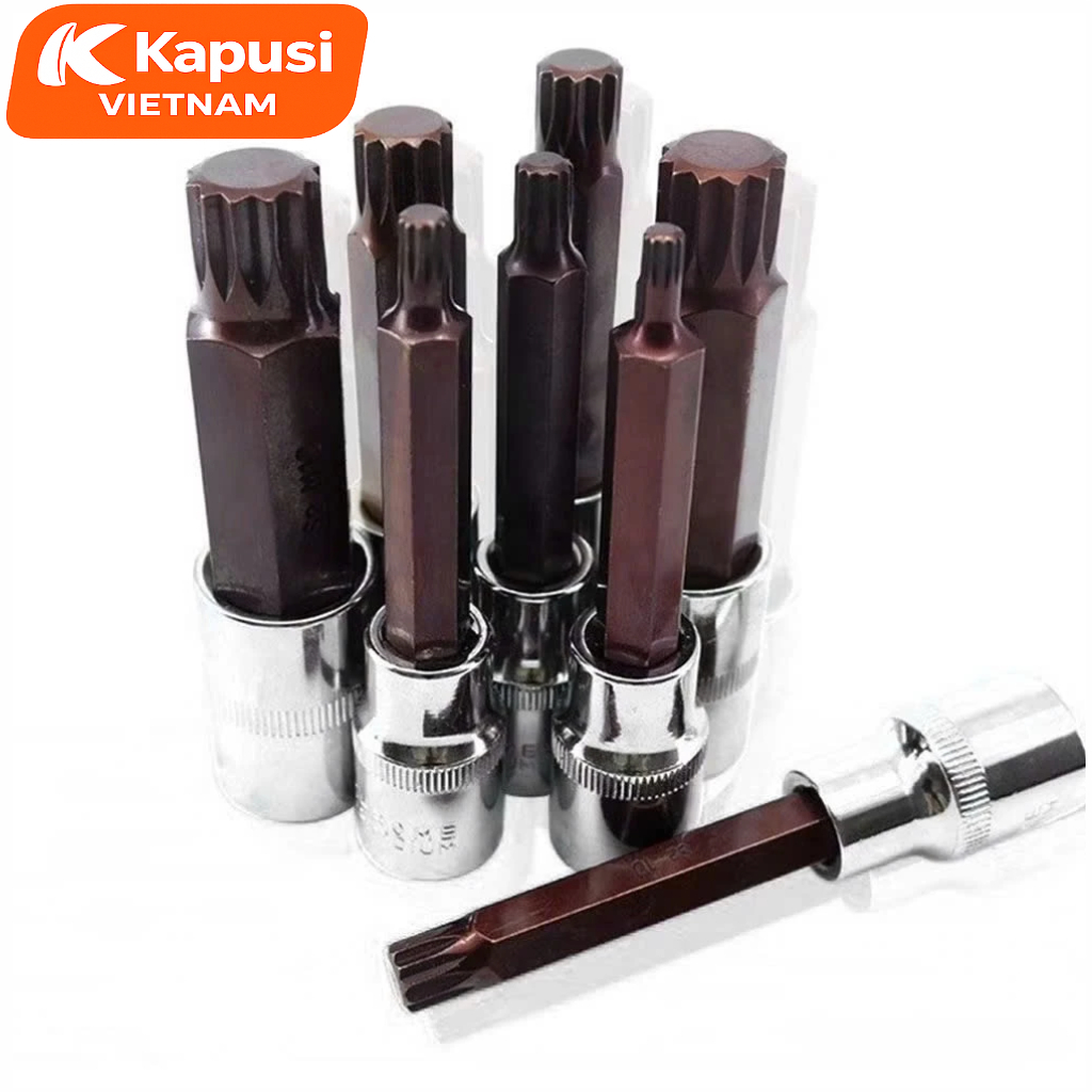 Đầu Tuýp Bông Mai 12 Cạnh Dài 100mm Kapusi 1/2 inch – M5 đến M16 – CRV S2, Lẻ Từng Cỡ, Bh 12 tháng