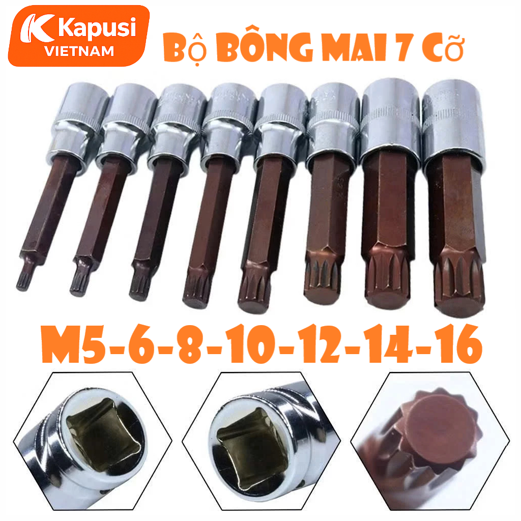Bộ Đầu Tuýp Bông Mai 12 Cạnh Kapusi 1/2 inch Dài 100mm – 7 Món (M5–M16) – Thép CRV S2 Siêu Bền, Bh 12 tháng