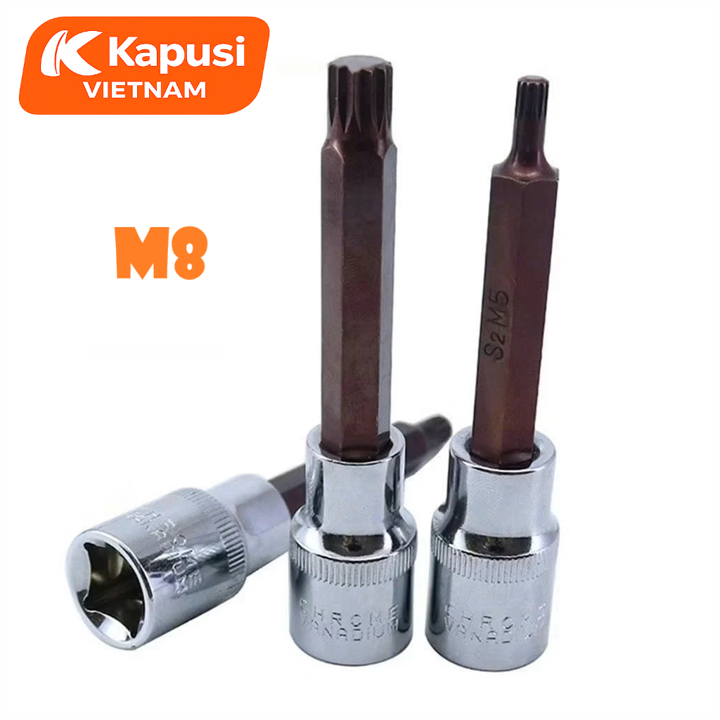 Đầu Tuýp Bông Mai 12 Cạnh Dài 100mm Kapusi 1/2 inch – M5 đến M16 – CRV S2, Lẻ Từng Cỡ, Bh 12 tháng