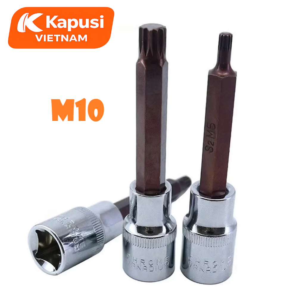 Đầu Tuýp Bông Mai 12 Cạnh Dài 100mm Kapusi 1/2 inch – M5 đến M16 – CRV S2, Lẻ Từng Cỡ, Bh 12 tháng