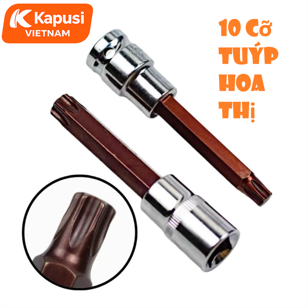 Đầu Tuýp Hoa Thị 6 Cạnh (Torx) Kapusi 1/2 inch Dài 100mm – T20 Đến T60 – Thép CRV, Đầu S2, Bán Lẻ Từng Cỡ, Bh 12 tháng