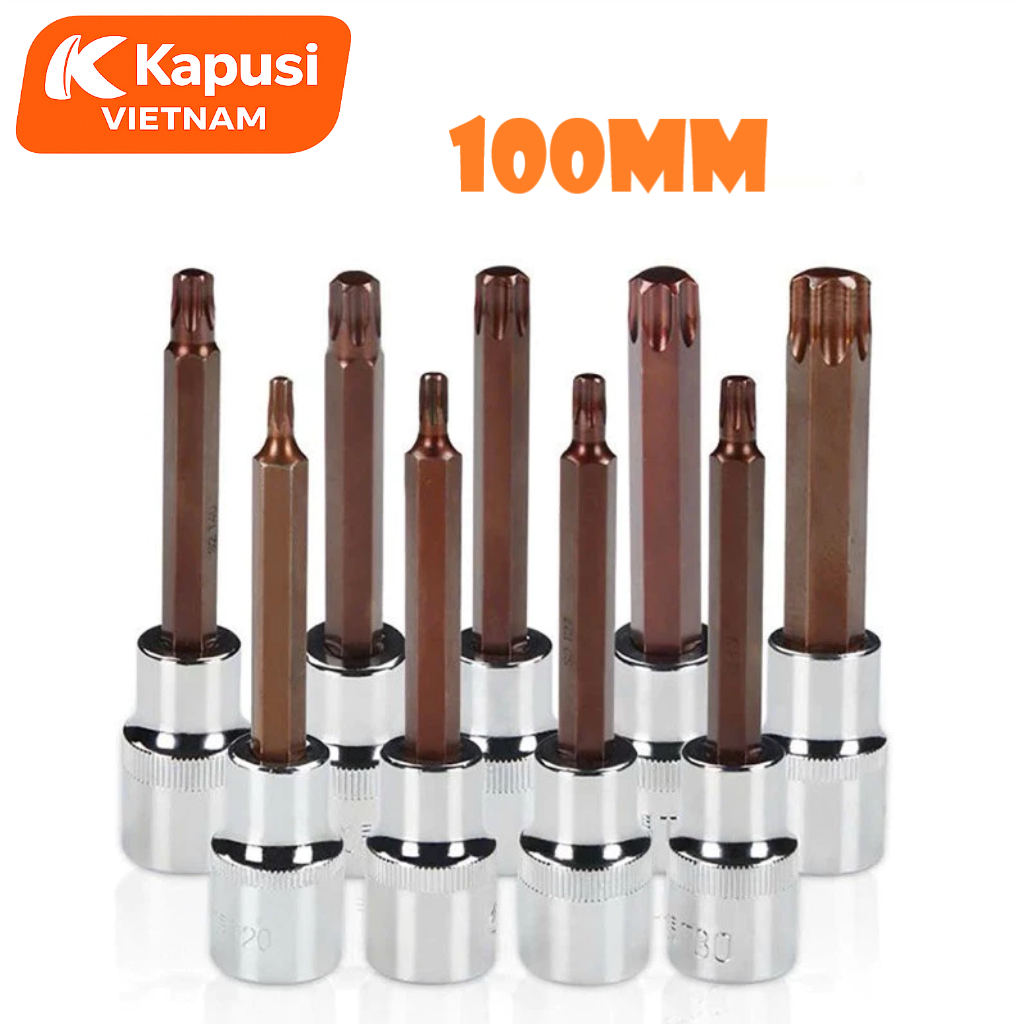 Đầu Tuýp Hoa Thị 6 Cạnh (Torx) Kapusi 1/2 inch Dài 100mm – T20 Đến T60 – Thép CRV, Đầu S2, Bán Lẻ Từng Cỡ, Bh 12 tháng