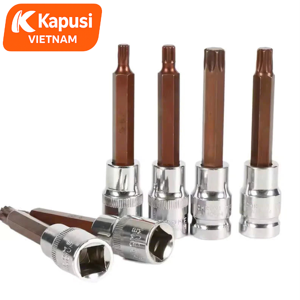 Đầu Tuýp Hoa Thị 6 Cạnh (Torx) Kapusi 1/2 inch Dài 100mm – T20 Đến T60 – Thép CRV, Đầu S2, Bán Lẻ Từng Cỡ, Bh 12 tháng