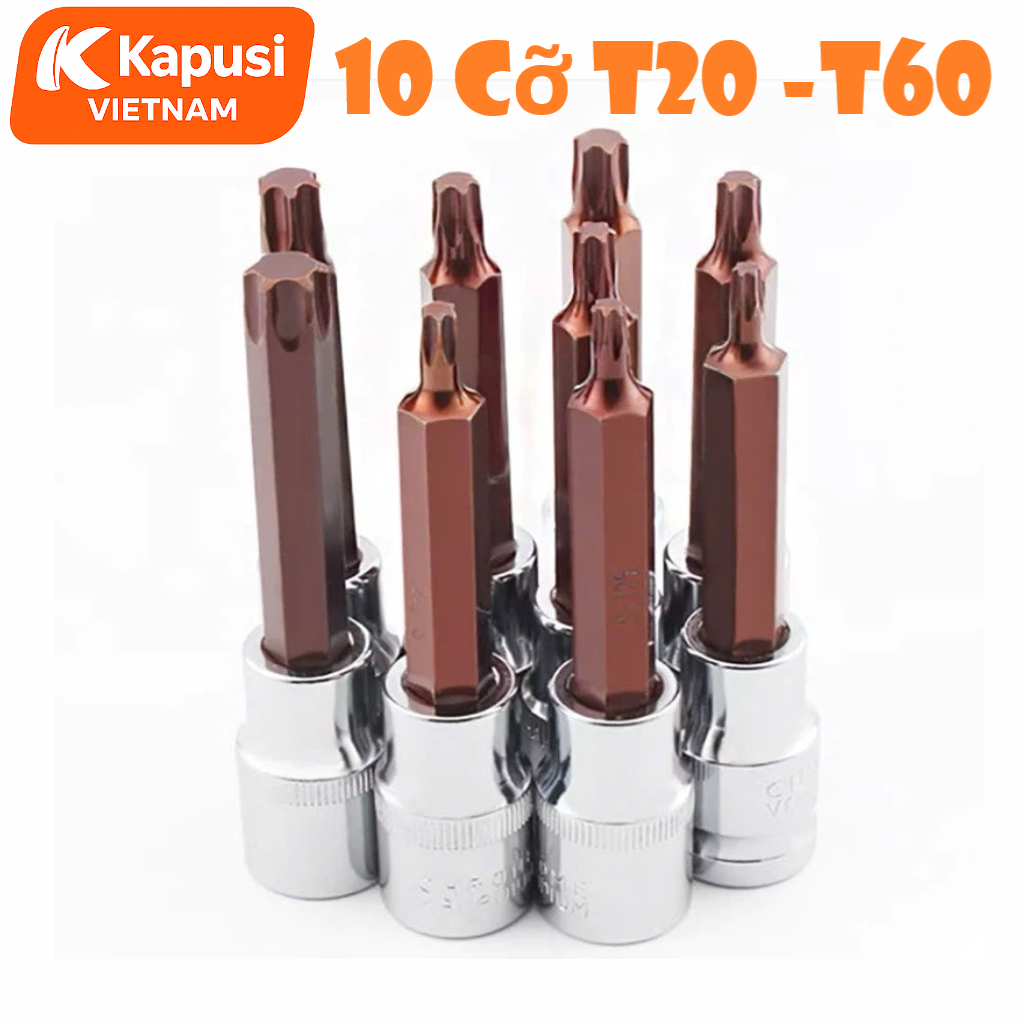 Đầu Tuýp Hoa Thị 6 Cạnh (Torx) Kapusi 1/2 inch Dài 100mm – T20 Đến T60 – Thép CRV, Đầu S2, Bán Lẻ Từng Cỡ, Bh 12 tháng