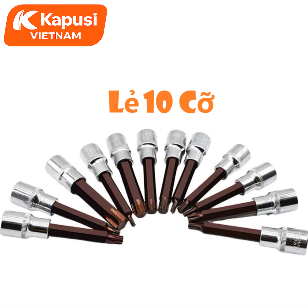 Đầu Tuýp Hoa Thị 6 Cạnh (Torx) Kapusi 1/2 inch Dài 100mm – T20 Đến T60 – Thép CRV, Đầu S2, Bán Lẻ Từng Cỡ, Bh 12 tháng