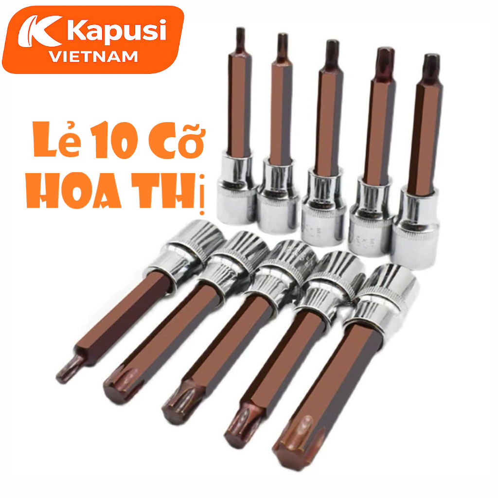Đầu Tuýp Hoa Thị 6 Cạnh (Torx) Kapusi 1/2 inch Dài 100mm – T20 Đến T60 – Thép CRV, Đầu S2, Bán Lẻ Từng Cỡ, Bh 12 tháng