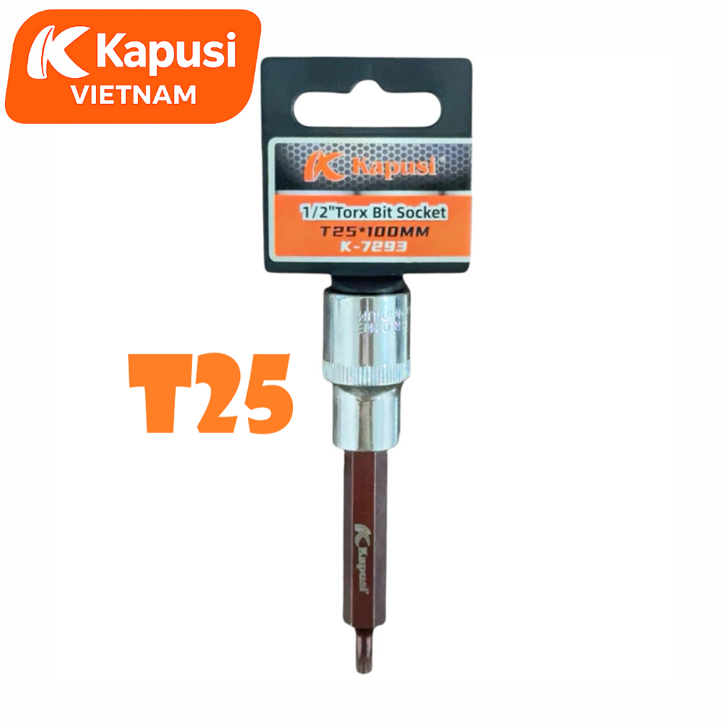 Đầu Tuýp Hoa Thị 6 Cạnh (Torx) Kapusi 1/2 inch Dài 100mm – T20 Đến T60 – Thép CRV, Đầu S2, Bán Lẻ Từng Cỡ, Bh 12 tháng
