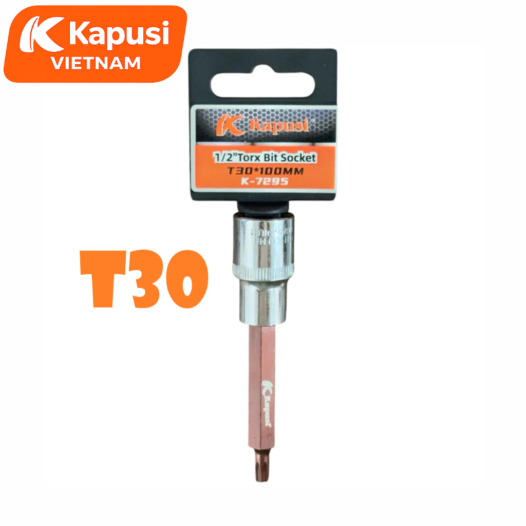 Đầu Tuýp Hoa Thị 6 Cạnh (Torx) Kapusi 1/2 inch Dài 100mm – T20 Đến T60 – Thép CRV, Đầu S2, Bán Lẻ Từng Cỡ, Bh 12 tháng