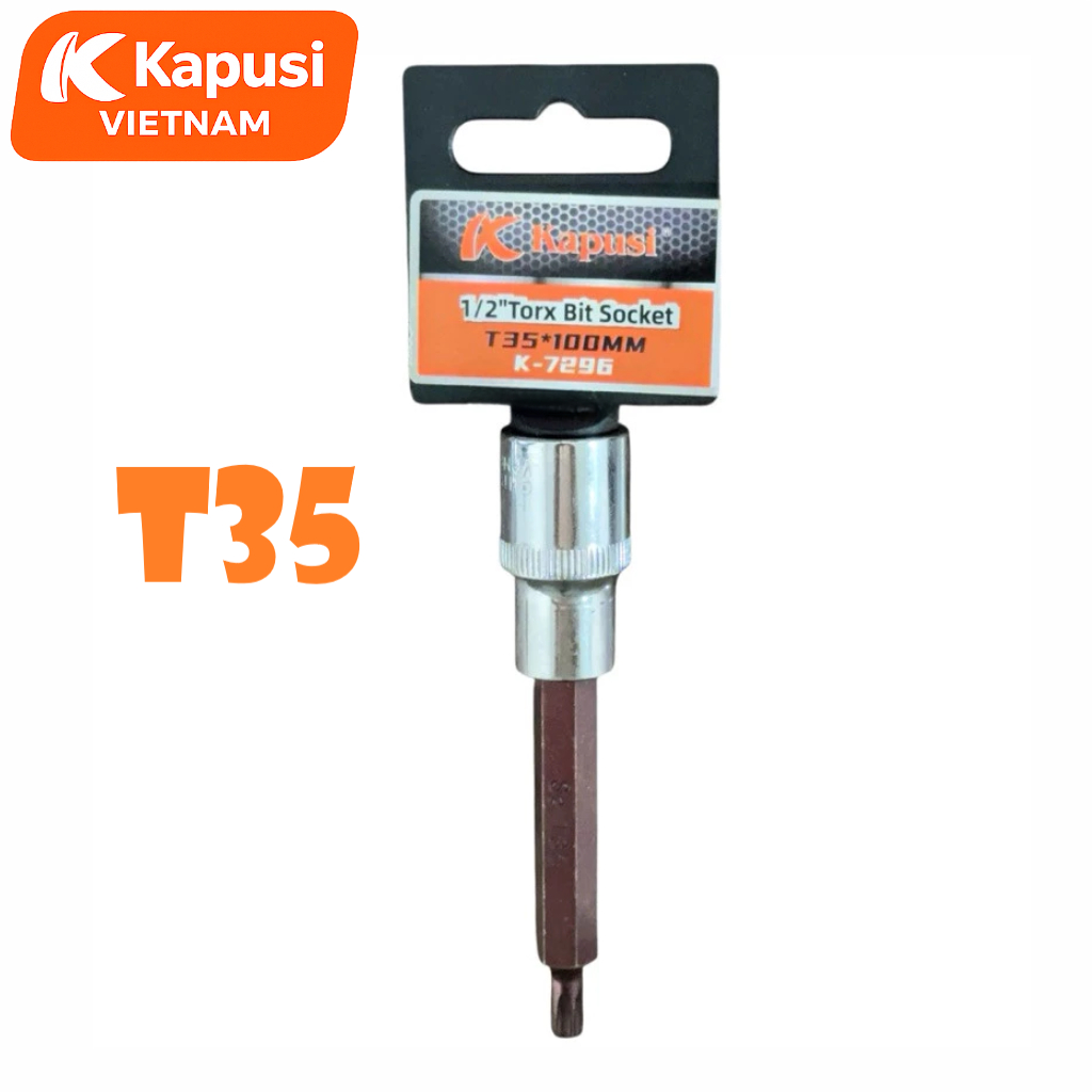 Đầu Tuýp Hoa Thị 6 Cạnh (Torx) Kapusi 1/2 inch Dài 100mm – T20 Đến T60 – Thép CRV, Đầu S2, Bán Lẻ Từng Cỡ, Bh 12 tháng