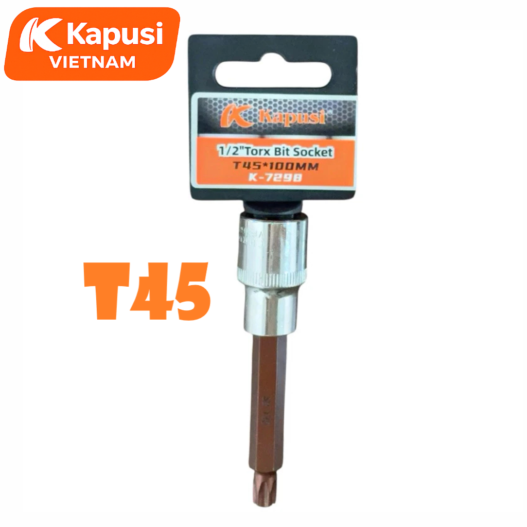 Đầu Tuýp Hoa Thị 6 Cạnh (Torx) Kapusi 1/2 inch Dài 100mm – T20 Đến T60 – Thép CRV, Đầu S2, Bán Lẻ Từng Cỡ, Bh 12 tháng