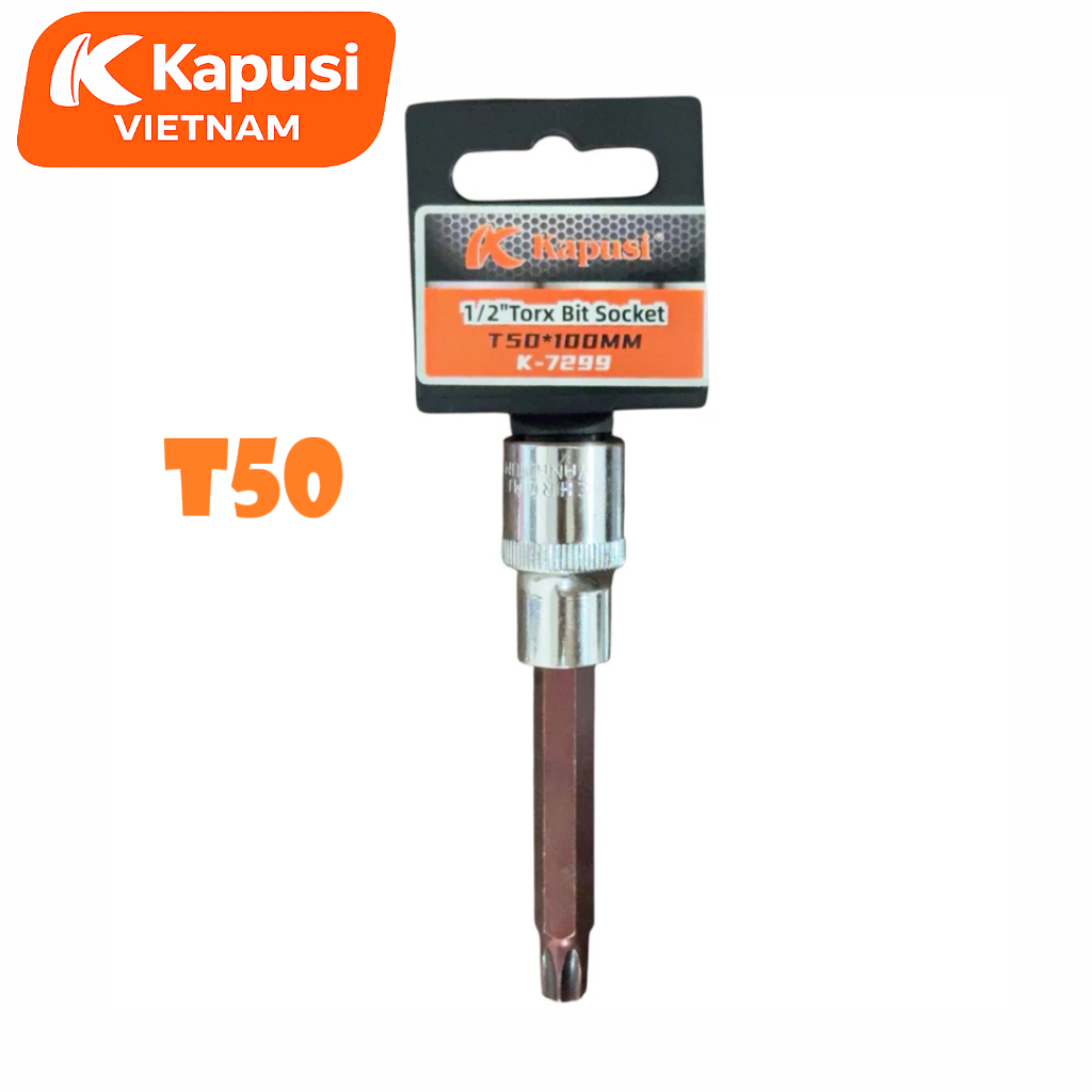 Đầu Tuýp Hoa Thị 6 Cạnh (Torx) Kapusi 1/2 inch Dài 100mm – T20 Đến T60 – Thép CRV, Đầu S2, Bán Lẻ Từng Cỡ, Bh 12 tháng