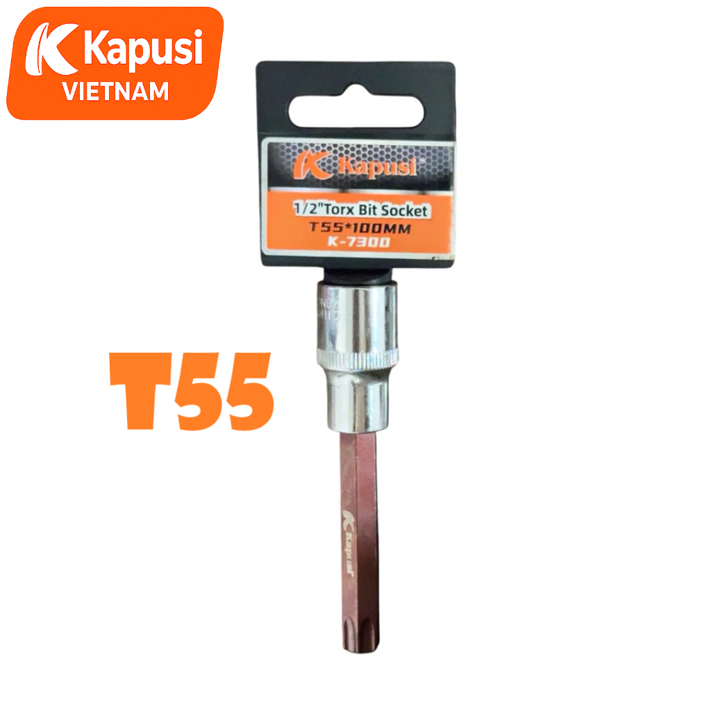 Đầu Tuýp Hoa Thị 6 Cạnh (Torx) Kapusi 1/2 inch Dài 100mm – T20 Đến T60 – Thép CRV, Đầu S2, Bán Lẻ Từng Cỡ, Bh 12 tháng