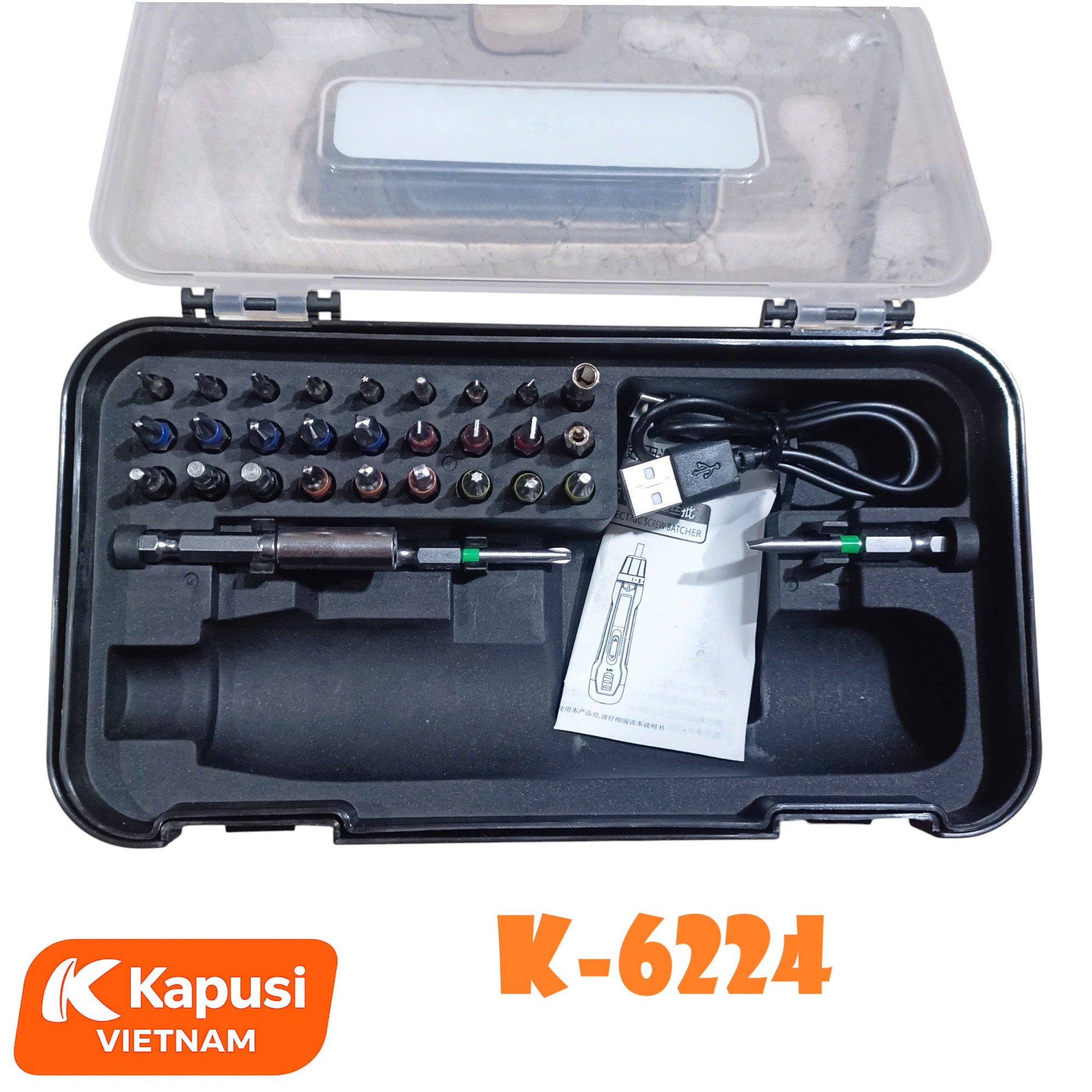 Máy Bắt Vít Pin Kapusi K-6224 3.6V – Pin 2000mAh, 30 Chi Tiết, Sạc Type-C, Nhẹ Gọn 270g, Có Đèn Báo, Bh 12 tháng