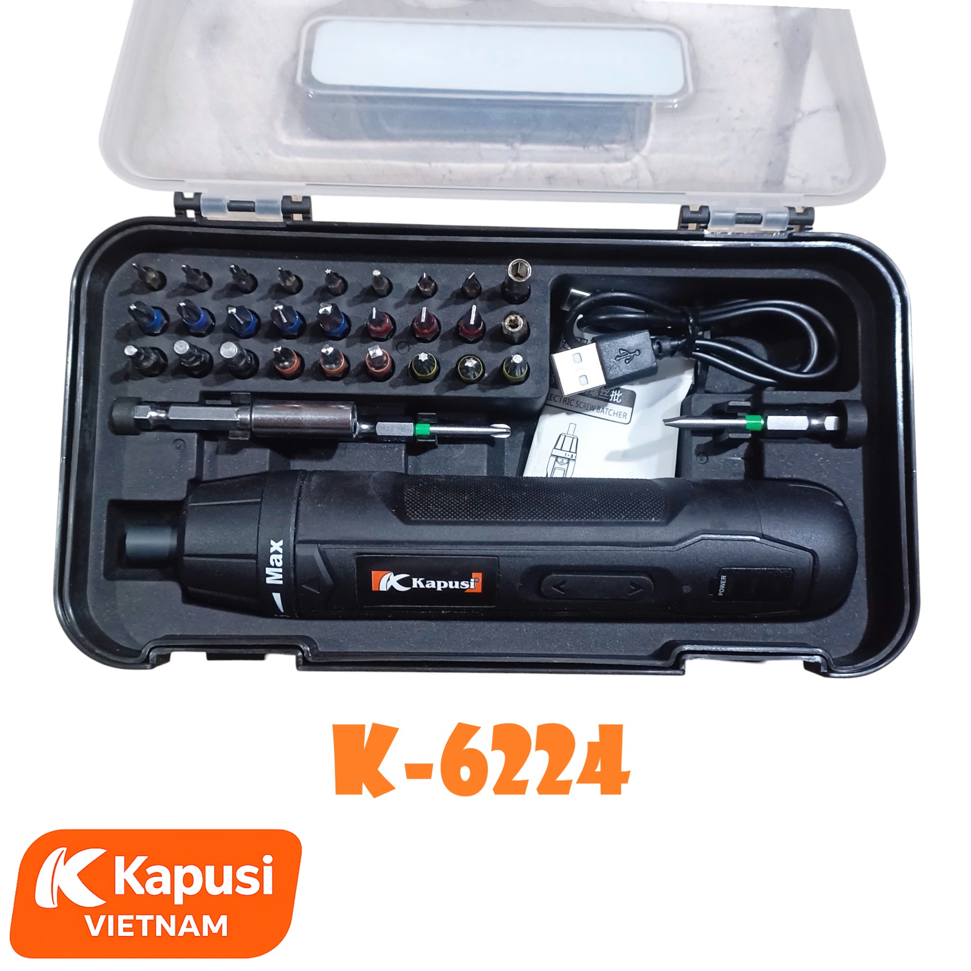 Máy Bắt Vít Pin Kapusi K-6224 3.6V – Pin 2000mAh, 30 Chi Tiết, Sạc Type-C, Nhẹ Gọn 270g, Có Đèn Báo, Bh 12 tháng