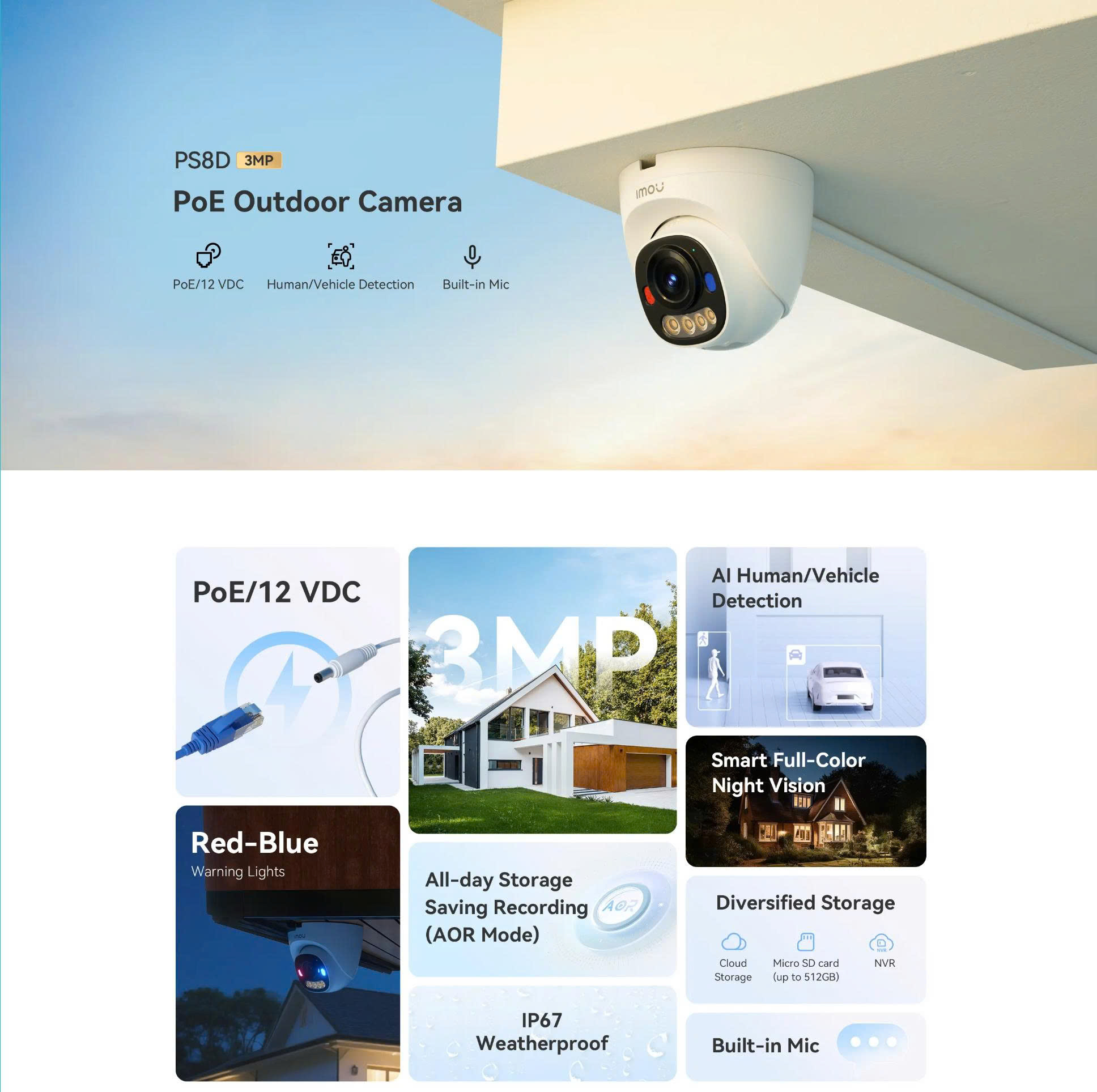 POE or LAN Outdoor IMOU PS8D 3MP / PS8D 5MP - Camera IP dạng DOME, IP67, Có mic, Có màu, Led xanh đỏ, tích hợp AI nhận diện người & xe