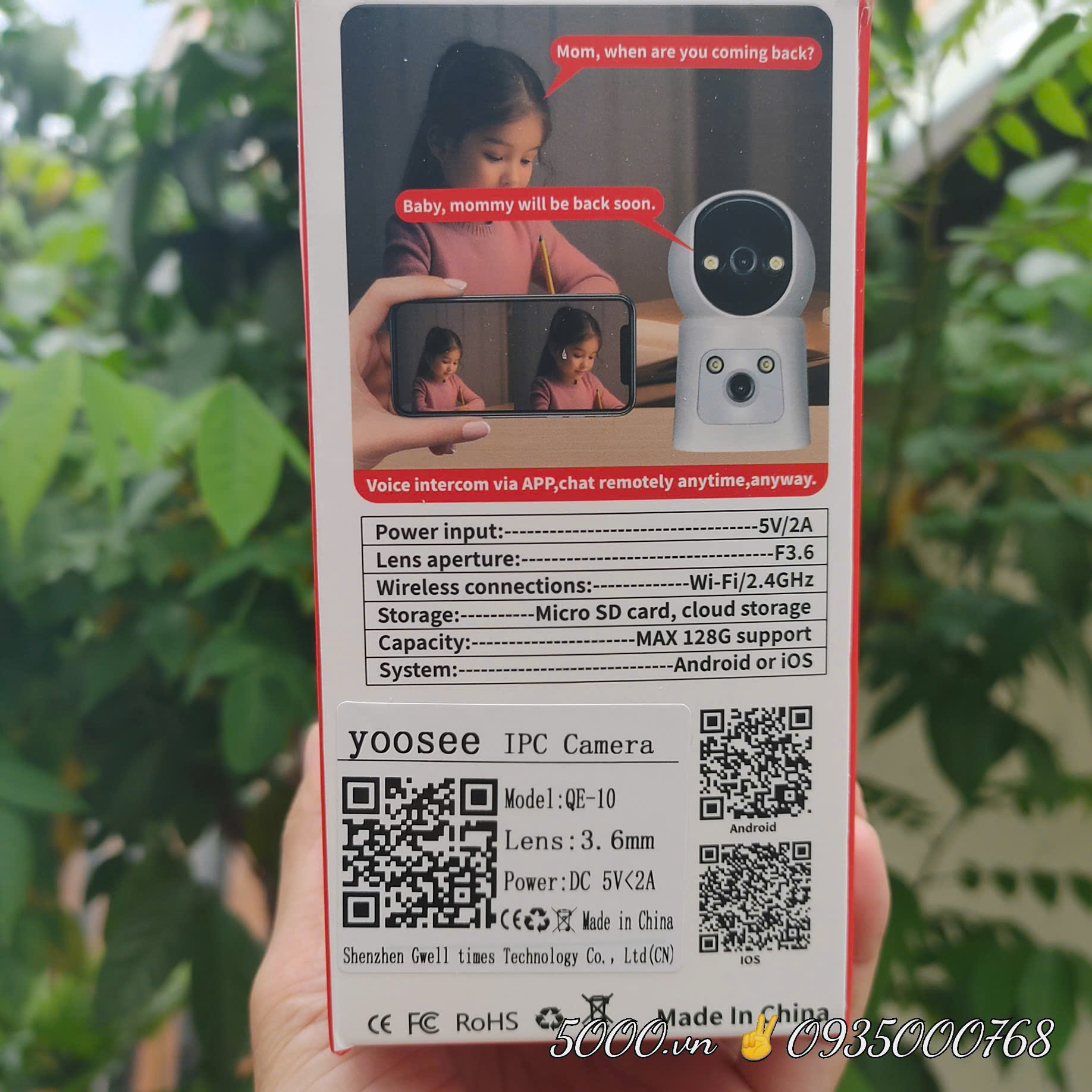 Camera Wi-Fi 2 mắt YOO.SEE QE10, Lens 3.6mm | Thùng 30 Hộp đỏ | Điện áp 5V<2.0A, cổng Type-C | Thẻ 128GB , chuẩn nén H.265