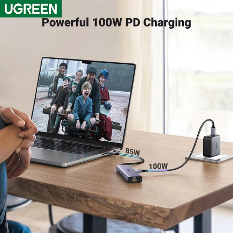 Bộ chuyển đổi USB-C sang HDM 4K@30Hz , PD 100W Ugreen 15598 USB A+HDMI+RJ45+PD Converter 4K@30Hz with PD