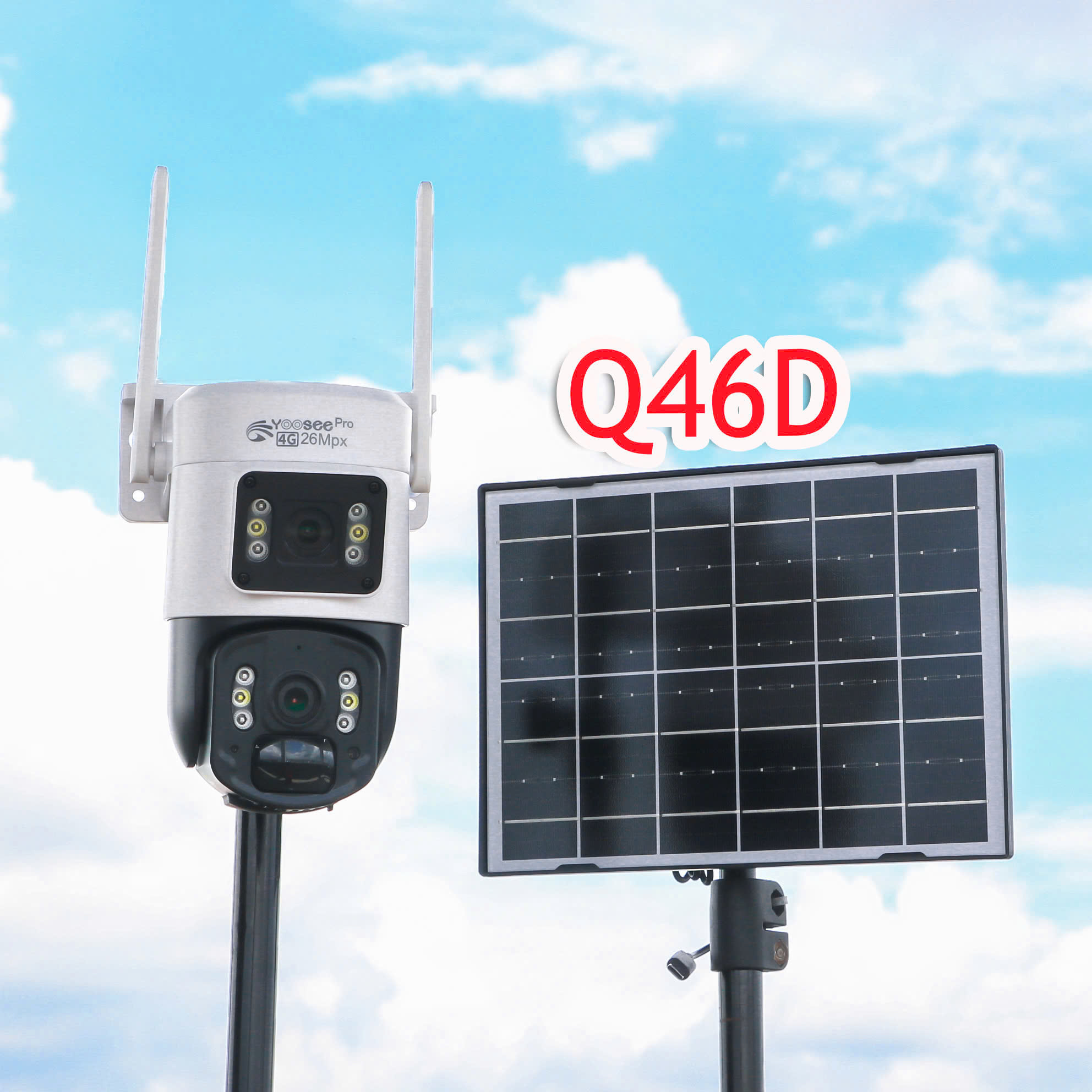 4G Solar Camera YOOSEE PRO Q46D-26MP (Sim 4G bất kỳ, Pin lưu trữ 18h, Tấm NLMT, chân đế dài, xoay 360 độ , đàm thoại, có màu, thùng 12c, App: YOOSEE )