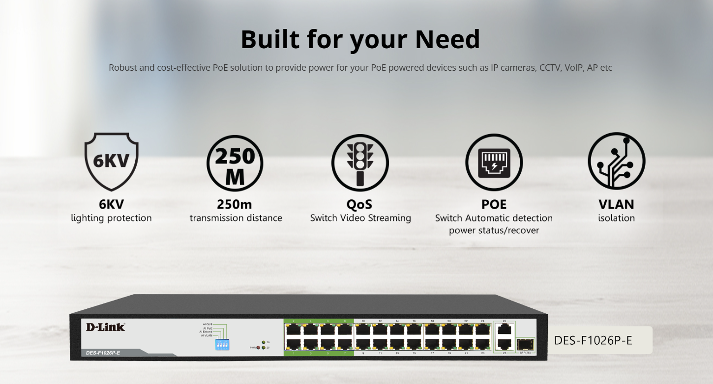 Switch D-Link hỗ trợ POE, tốc độ 100Mbps (3 Năm | Vỏ Sắt)