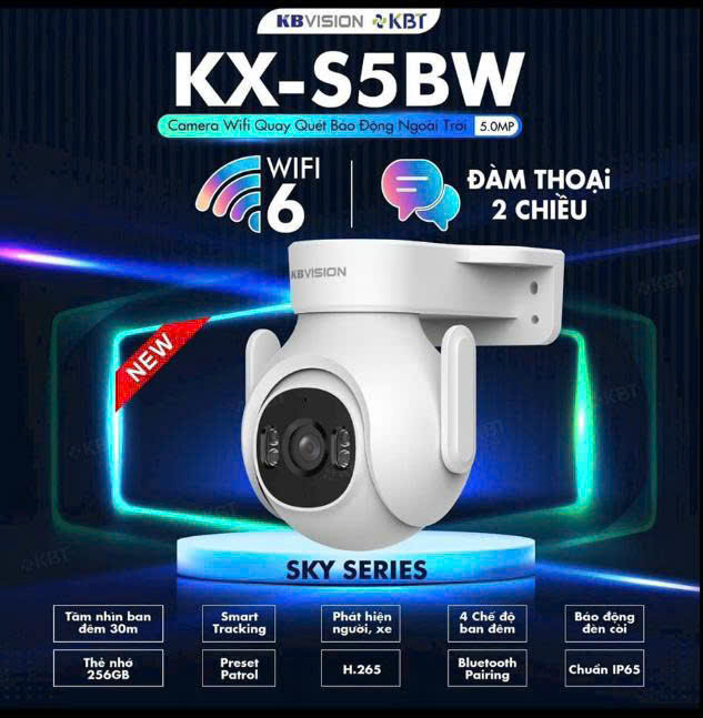 Wifi KABE KX-S5BW 5MP - Camera Wifi OEM từ hãng Dahua, xoay 360 Ngoài trời, Đàm thoại, Bluetooth, báo động đèn còi, tầm nhìn xa 30 mét