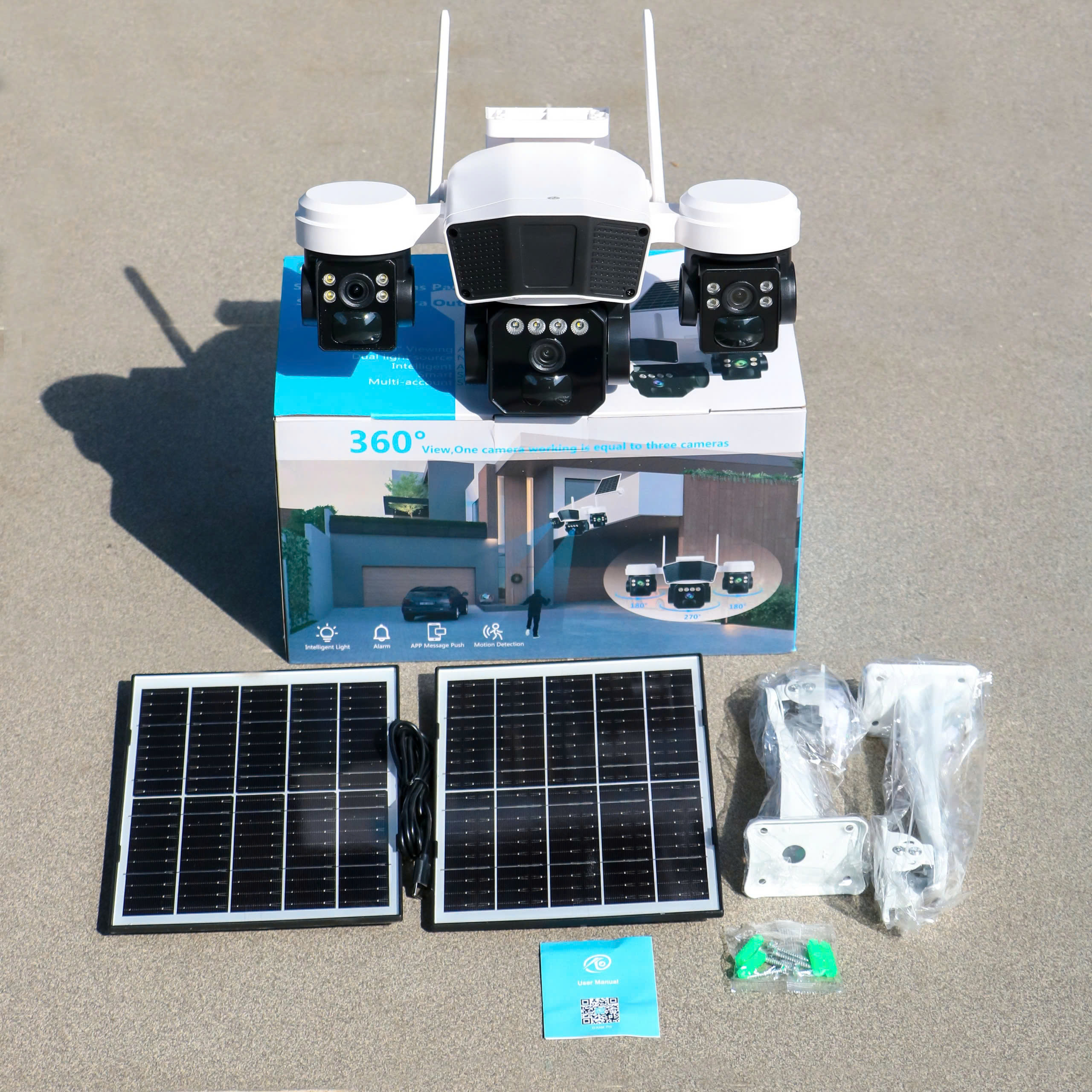 Camera sim 4G OK.AM-PRO T11 với 2 tấm pin năng lượng mặt trời, với 3 mắt độc lập (Sim 4G, sẵn pin NLMT, chân đế linh hoạt, xoay 360 độ , đàm thoại, có màu, thùng 12 hộp)