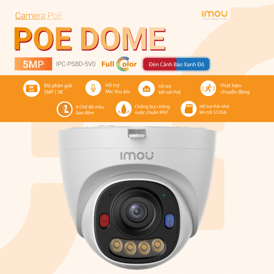 (2) POE Outdoor IMOU PS8D 3MP | 5MP - Có cổng LAN & DC 12V | Camera IP dạng DOME, IP67, Có mic, Có màu, Led xanh đỏ, tích hợp AI nhận diện người & xe