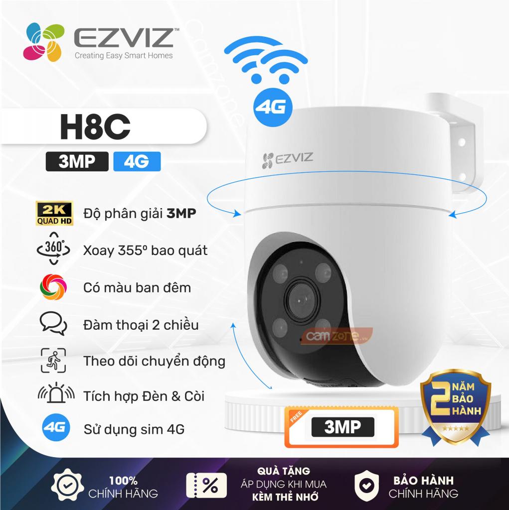 EZVIZ H8C 4G 3MP - Camera Wifi PTZ ngoài trời, xoay 360 độ, có màu ban đêm, Thùng 12C
