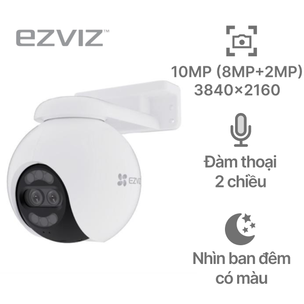 EZVIZ H80X 10MP - H80X-4K (8MP+2MP) (Góc toàn cảnh 3840 × 2160 | Góc Zoom 1920 x 1080 | Khẩu độ F1.0 | AI phân biệt người và xe | Xoay 360 đồng thời 2 mắt | Đàm thoại | Ban đêm có màu, kể cả ánh sáng yếu | Lắp ngoài trời)