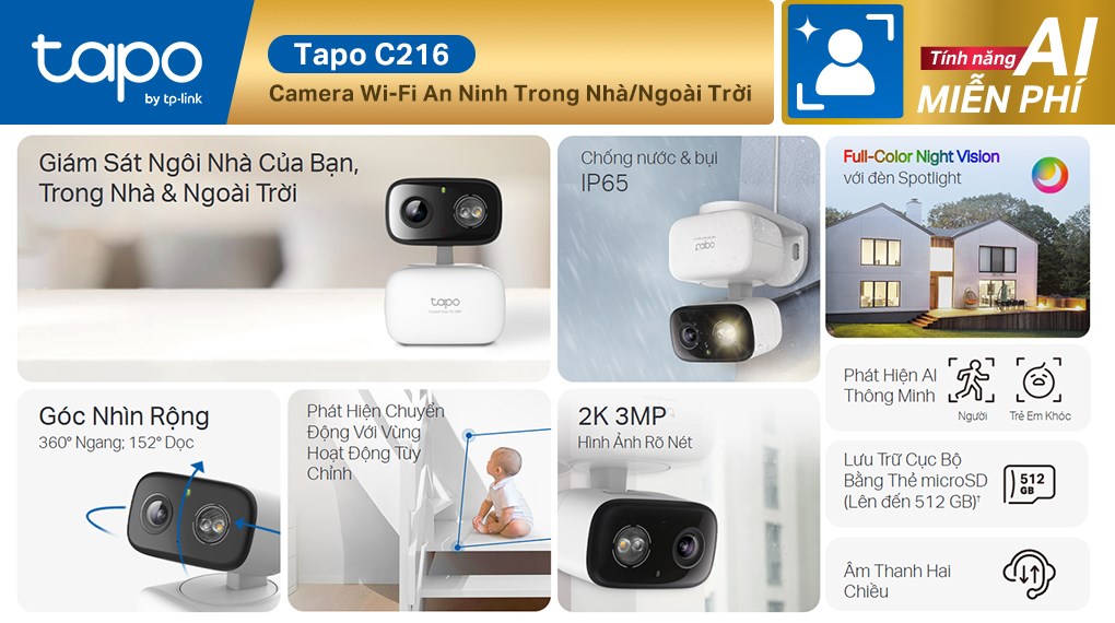Camera IP Wifi TP-Link TAPO C216 3MP (2304×1296) - Camera ngoài trời lấy Cảm hứng từ chú Robot Wall-E
