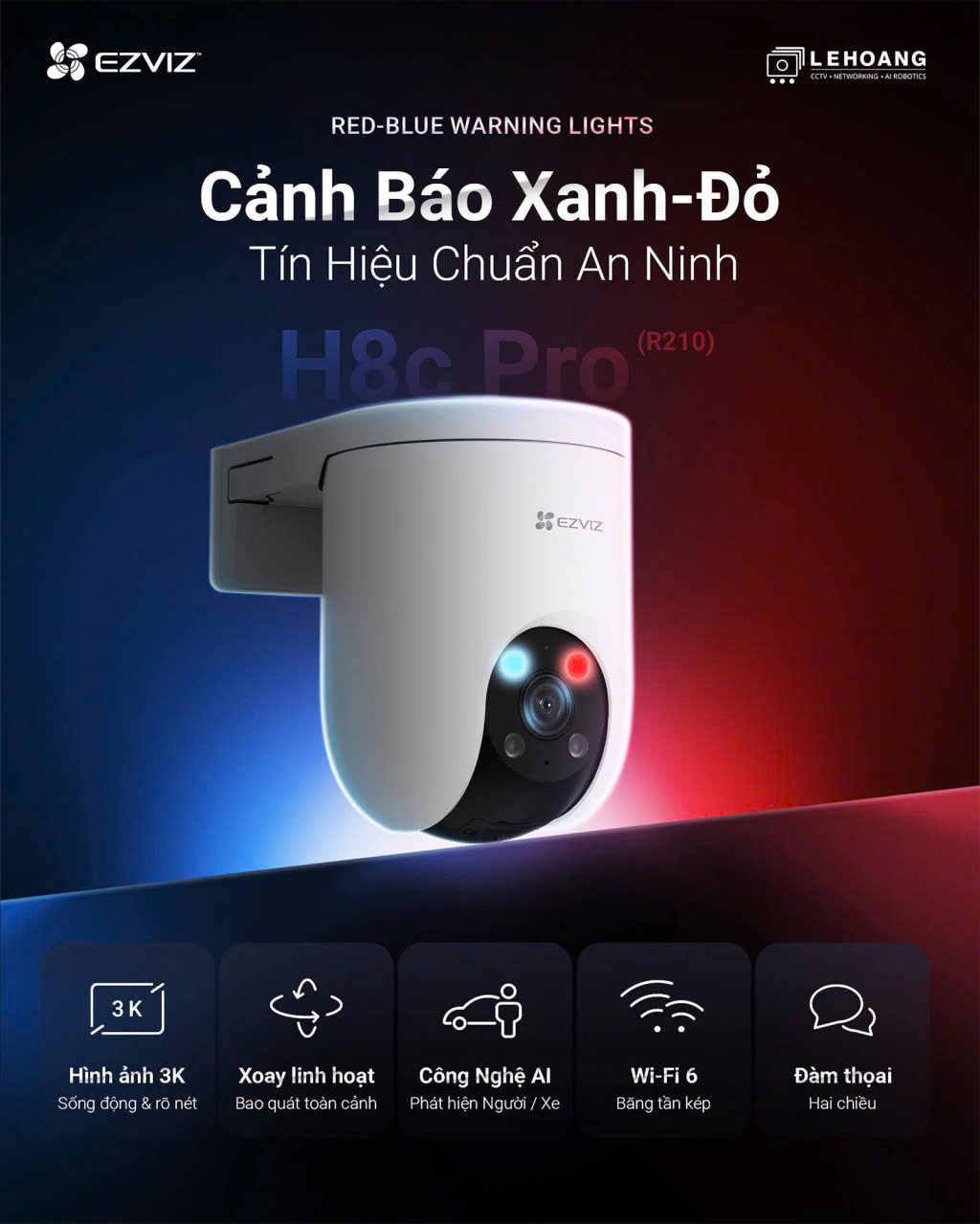 *(5.0Ghz) EZVIZ H8c Pro Wi-Fi 3K (5MP, đèn ĐỎ XANH) - Cảnh báo tức thì, Hợp chuẩn An ninh | Đêm vẫn có màu | Đàm thoại | Xoay 360 | Tích hợp luôn AI nhận diện người và xe | Wifi 2 tần số 2.4Ghz và 5.0Ghz - Mua kèm H3C/C3TN 2MP, giảm 20,000đ