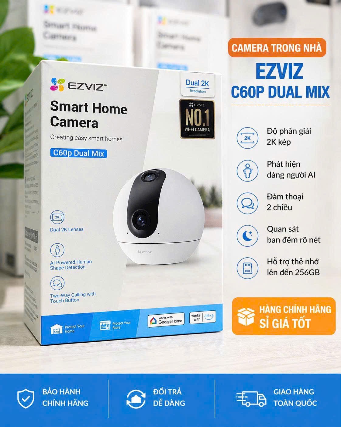 (5.0Ghz) Camera 4MP+4MP EZVIZ C60p 2K+ (Dual Mix 2560 × 1440) - Ban đêm Trắng đen | Đàm thoại | Góc dọc 96° | Khẩu độ F1.6 | Tiêu cự 2.8mm | Human Detection | Mắt trên cố định, mắt dưới xoay 360, và có thể MIX thành 1 khung hình 8MP