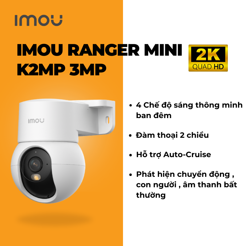 (5.0Ghz) IMOU K2MP 2K 3MP mini (LAN 1GB | Full Color | Có AOR | Nén H.265 | Nhận thẻ 512GB | Góc rộng hơn | Loa to hơn | Nhận diện Human tốt hơn)
