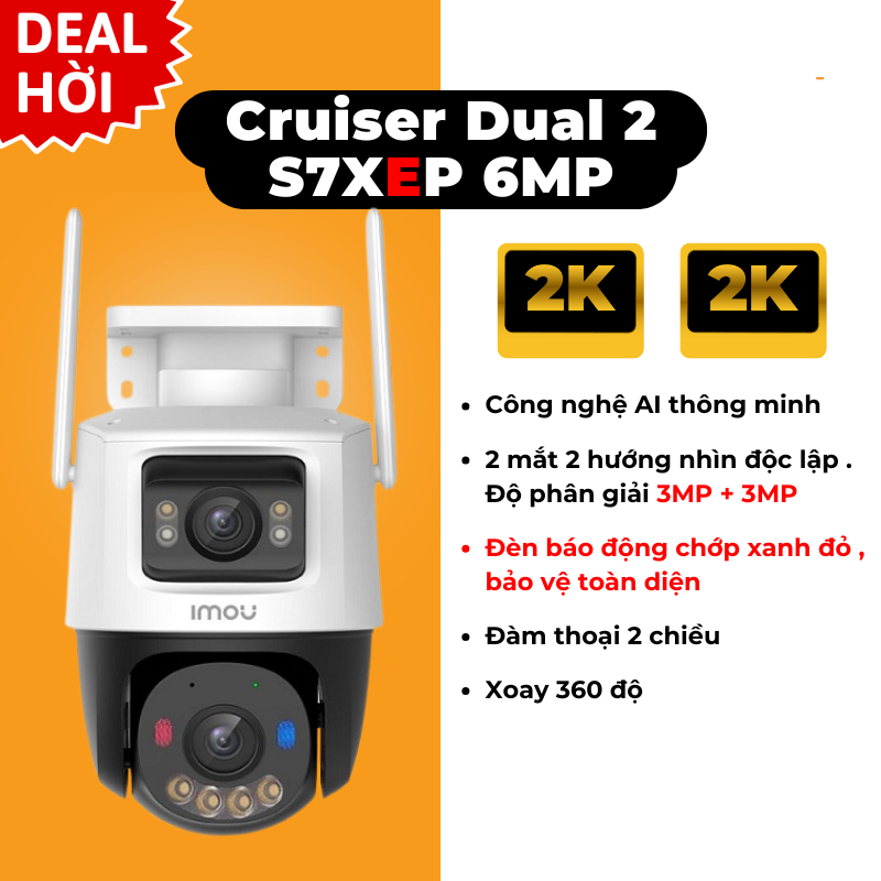 2 Mắt Camera 6MP IMOU S7XeP Pro 3MP + 3MP, LED xanh đỏ (Camera Wi-Fi Cruiser Dual 2 | Outdoor | FullColor | Có đèn báo động xanh đỏ giống Công An)