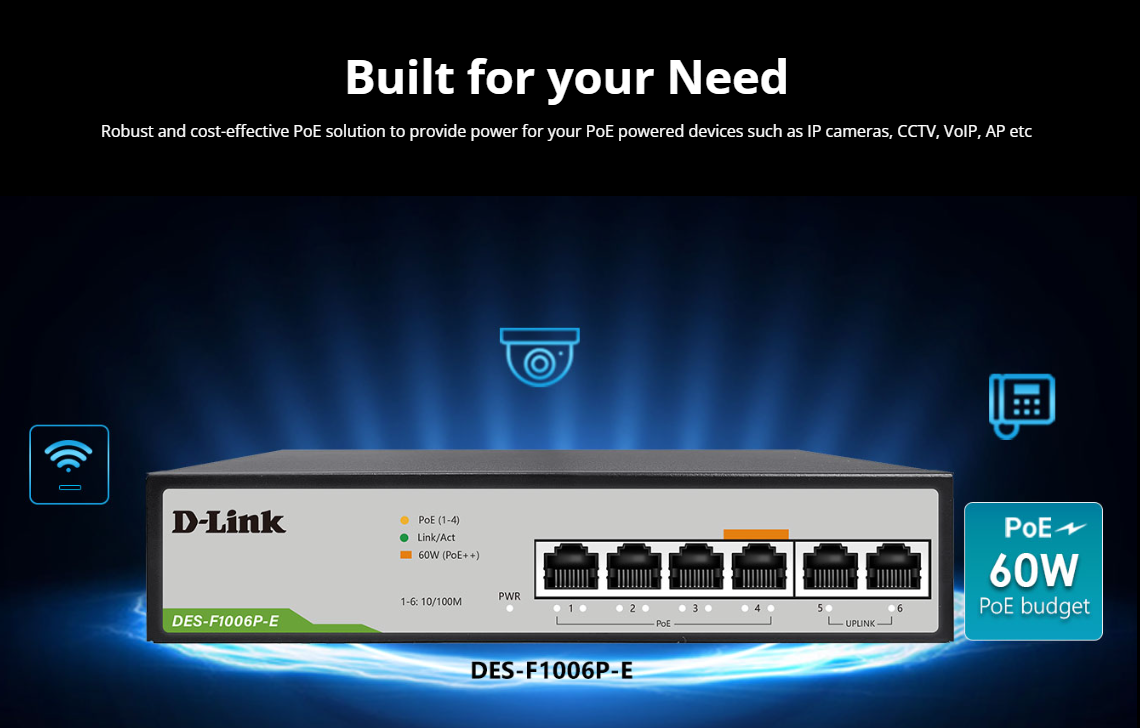 Switch D-Link hỗ trợ POE, tốc độ 100Mbps (3 Năm | Vỏ Sắt)